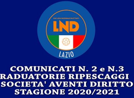 C.R.Lazio, comunicati N.2 – N.3 su graduatorie ripescaggi e società aventi diritto stagione 2020/2021