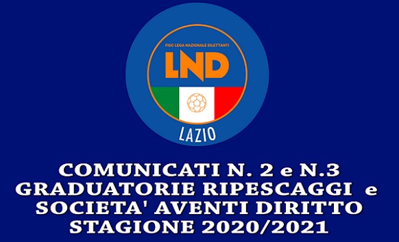 C.R.Lazio, comunicati N.2 – N.3 su graduatorie ripescaggi e società aventi diritto stagione 2020/2021