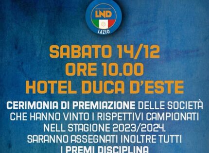 LND Lazio, sabato 14 dicembre nel corso dell’Assemblea Ordinaria si terrà la cerimonia di premiazione delle società vincenti dei vari campionati e coppe disciplina stagione 23/24