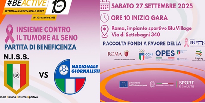 Sabato 27 settembre partita di beneficenza “Insieme contro il tumore al seno” tra NISS e Nazionale Giornalisti